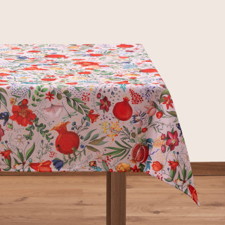 სუფრა - ბროწეულების ბაღი - თეთრი, ზომა: 140 x 140 სმ, აირჩიეთ მასალა: პოლიესტერი