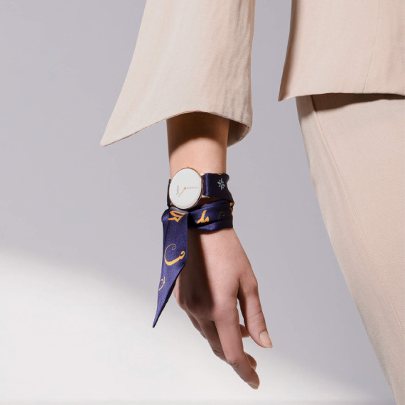 შარფი საათი - ბორჯღალო - ოქროსფერი, სამაჯურის მასალა: აბრეშუმი, 2 სურათი