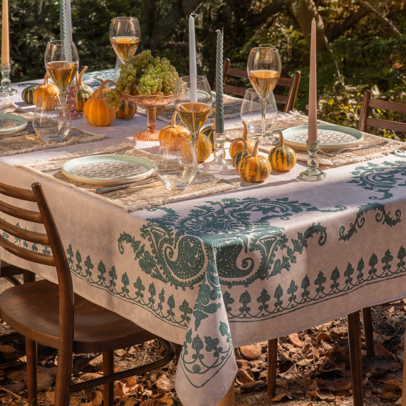 Tablecloth - Bagrationi - Beige/Turquoise - Polyester, ზომა: 140 x 140 სმ, Material: Polyester Tablecloth - Bagrationi - Beige/Turquoise - Polyester, ზომა: 140 x 140 სმ, Material: Polyester